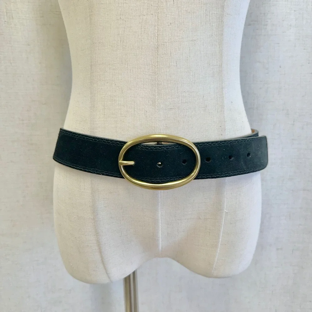 Lauren‎ Ralph Lauren Black Suede Leather Belt Gold Oval Buckle Large 9101572-001